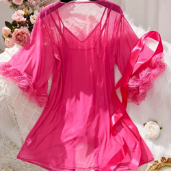 Sexy Lingerie Sets for Women, Rose Red Lace Three-piece Set With Coat.