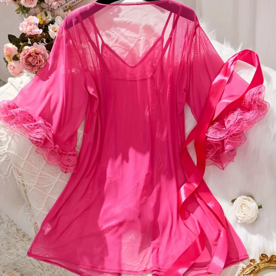 Sexy Lingerie Sets for Women, Rose Red Lace Three-piece Set With Coat. Sexy Lingerie Sets for Women, Rose Red Lace Three-piece Set With Coat.