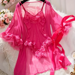 Sexy Lingerie Sets for Women, Rose Red Lace Three-piece Set With Coat.