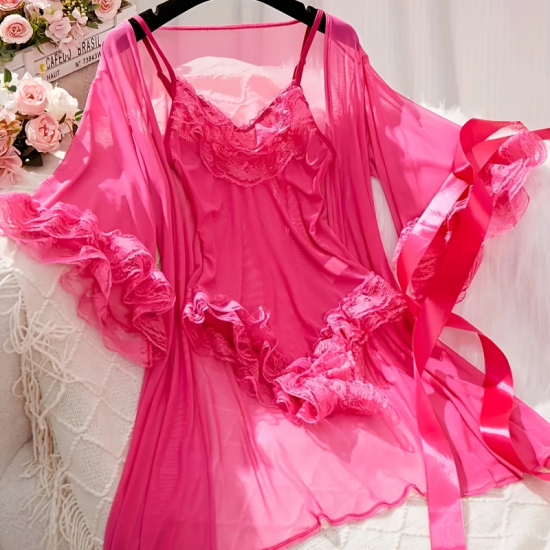 Sexy Lingerie Sets for Women, Rose Red Lace Three-piece Set With Coat. Sexy Lingerie Sets for Women, Rose Red Lace Three-piece Set With Coat.