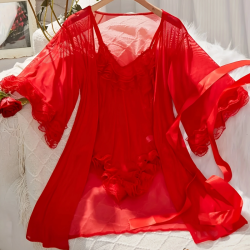 Sexy Lingerie Sets for Women, Red Lace Three-piece Set With Coat.