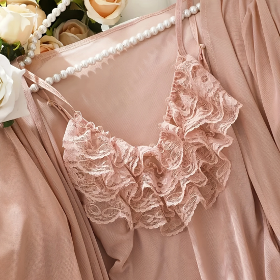 Sexy Lingerie Sets for Women, Pink Lace Three-piece Set With Coat. Sexy Lingerie Sets for Women, Pink Lace Three-piece Set With Coat.