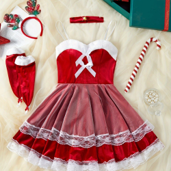 Sexy Lingerie Sets for Women, Red Lace Four-piece Set With Gloves, Collar and Hairpin.