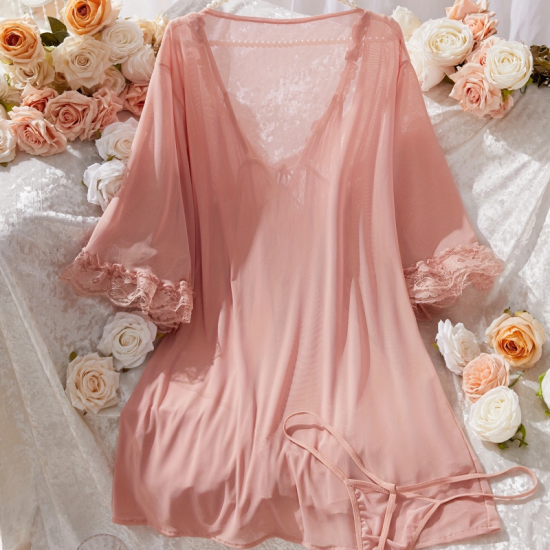 Sexy Lingerie Sets For Women, Pink Three-Piece Set With Coat. Sexy Lingerie Sets For Women, Pink Three-Piece Set With Coat.