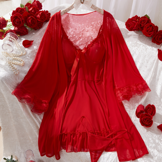 Sexy Lingerie Sets for Women, Red Three-piece Set With Coat. Sexy Lingerie Sets for Women, Red Three-piece Set With Coat.